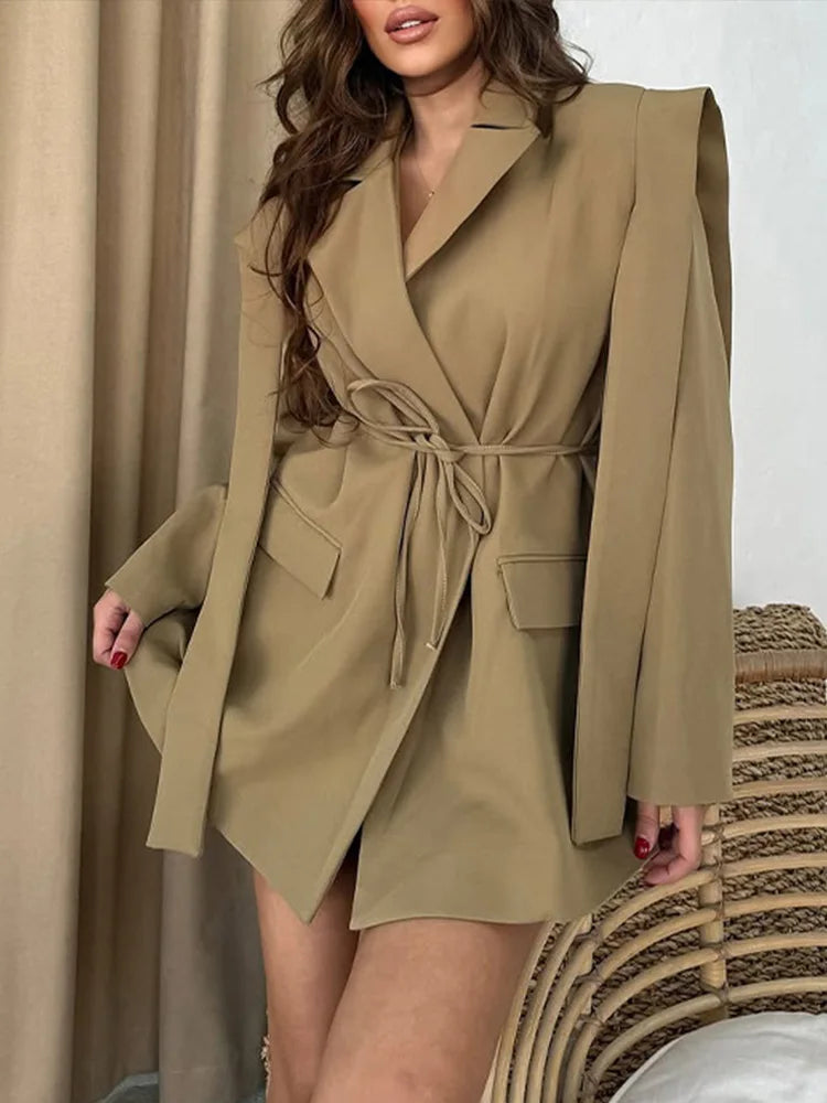 DFCF Women Elegant Loose Waist Cinching Belt Jackets Female Tailored Vintage Striped Lapel Suit Jacket