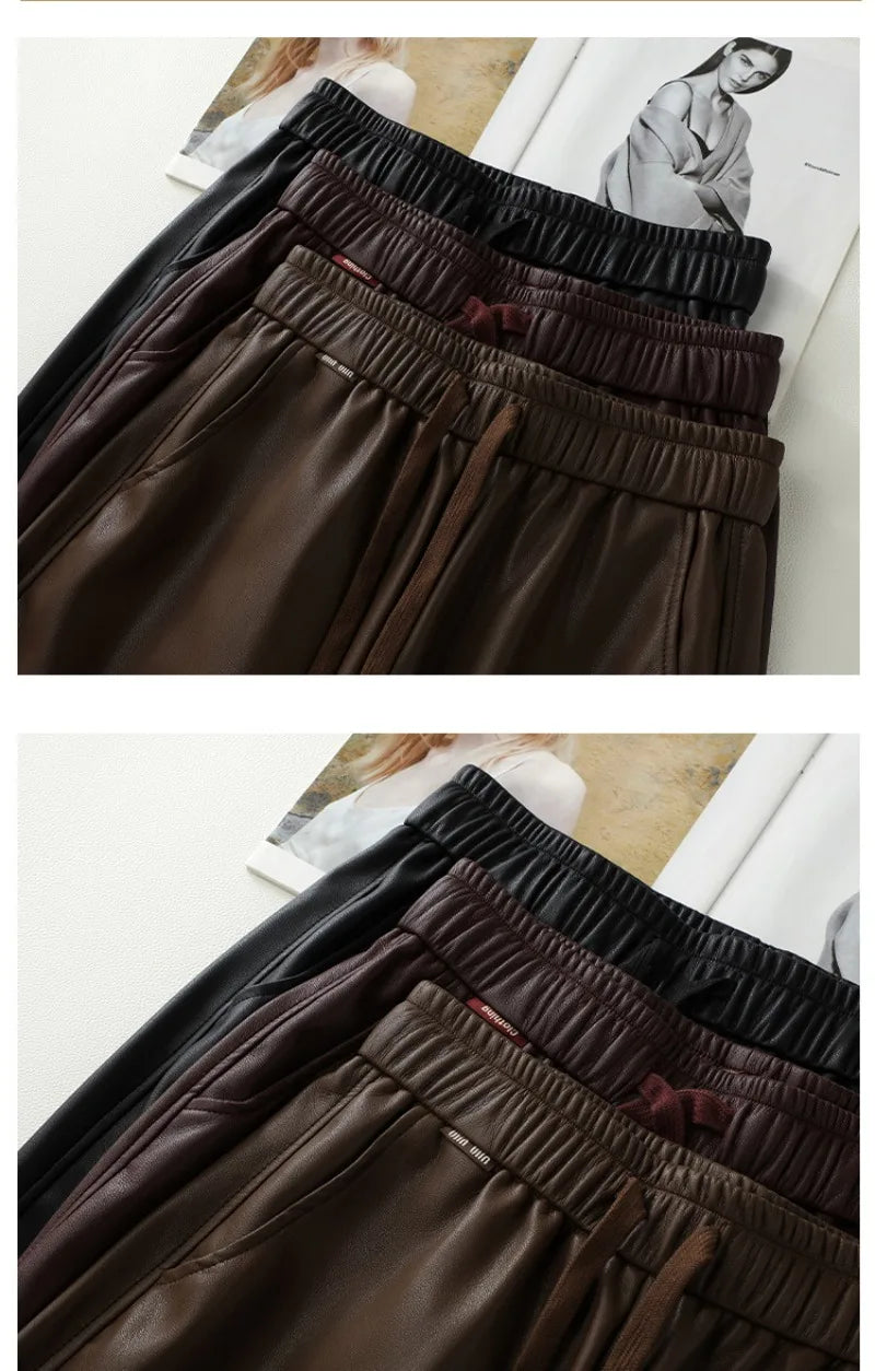 Luxury PU Leather Jogger Pants for Women – High-Waist Elastic Drawstring Wide-Leg Trousers – Comfy Chic Vegan Leather Athleisure Pants