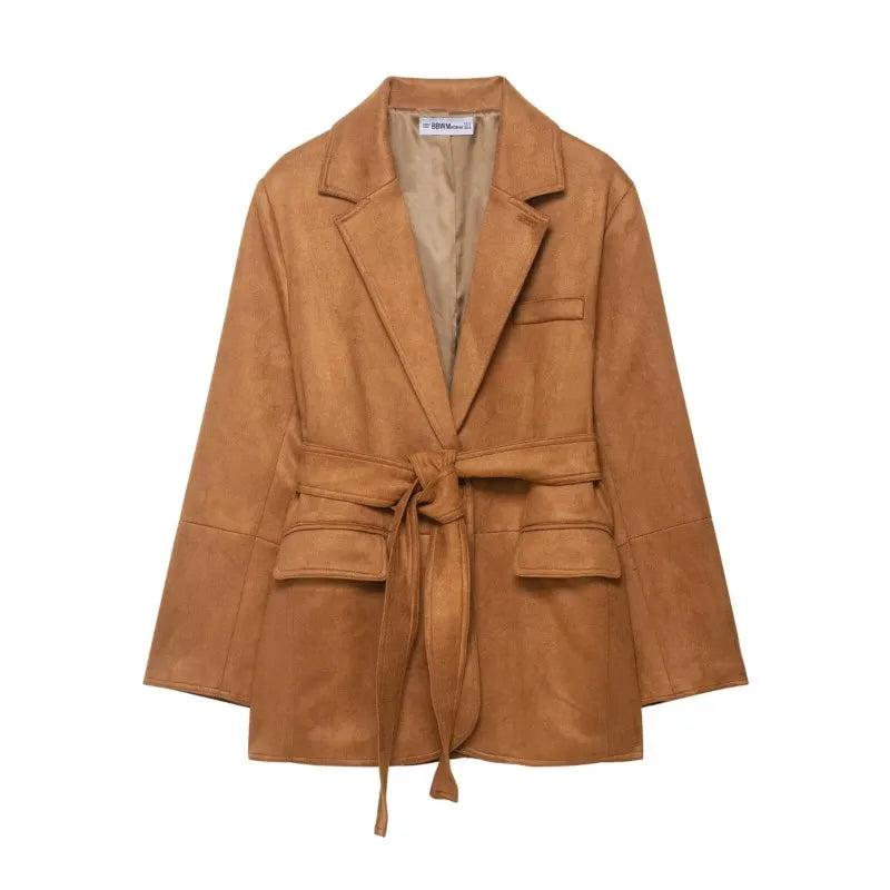 Refined Suede Leather Blazer/Autumn Long Sleeve with Shoulder Pads Pocket/Women's Blazer Simple Female Outwear Chic Blazer’s.