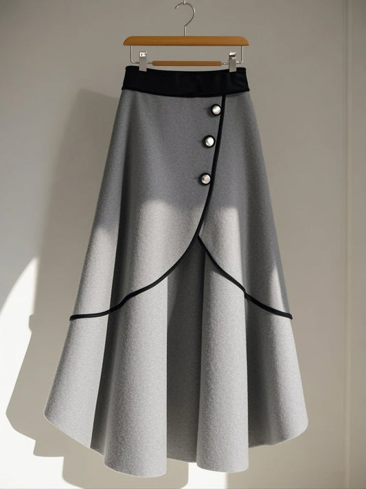 Elegant Ivory High-Waist Midi Skirt with Gold Buttons | Luxury Classic A-Line Skirt