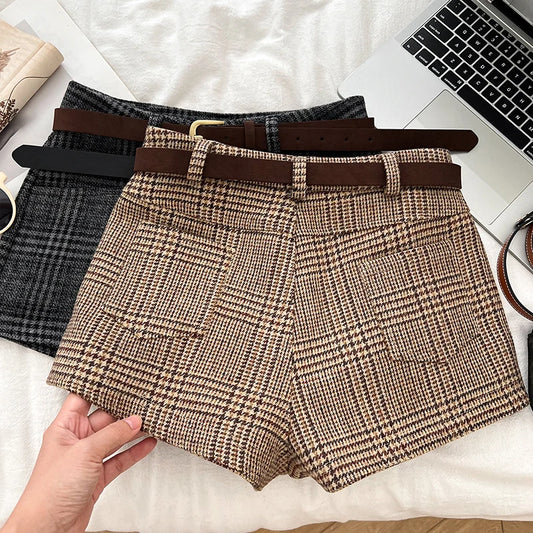 Women’s Mid-Waist Wool Blend Plaid Shorts – Autumn Winter Streetwear Short Pants