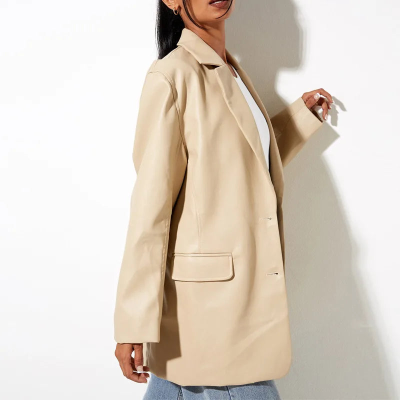 Women’s Oversized Vegan Leather Blazer – Single Breasted Faux Leather Jacket with Pockets