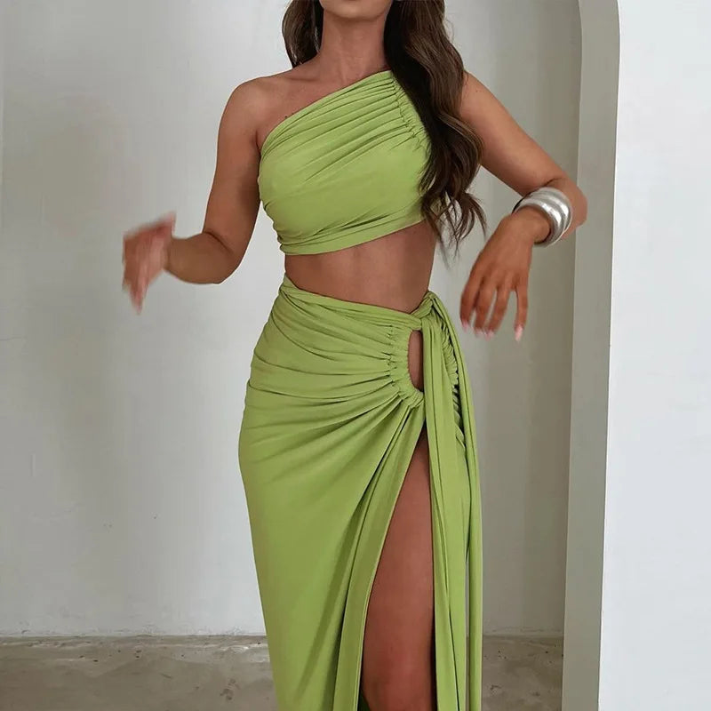 Luxury One-Shoulder Ruched Skirt Set – Elegant Backless Crop Top & High Slit Maxi Skirt Two-Piece Ensemble