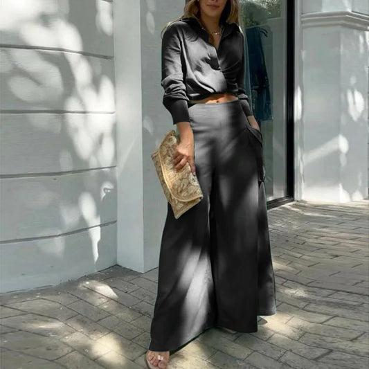 2 piece set/Unique Criss-Cross Solid/Long Sleeve Crop Shirt & High Waist Pants/Turn Down Collar/Broad Cloth Dress/Tatting Craft.