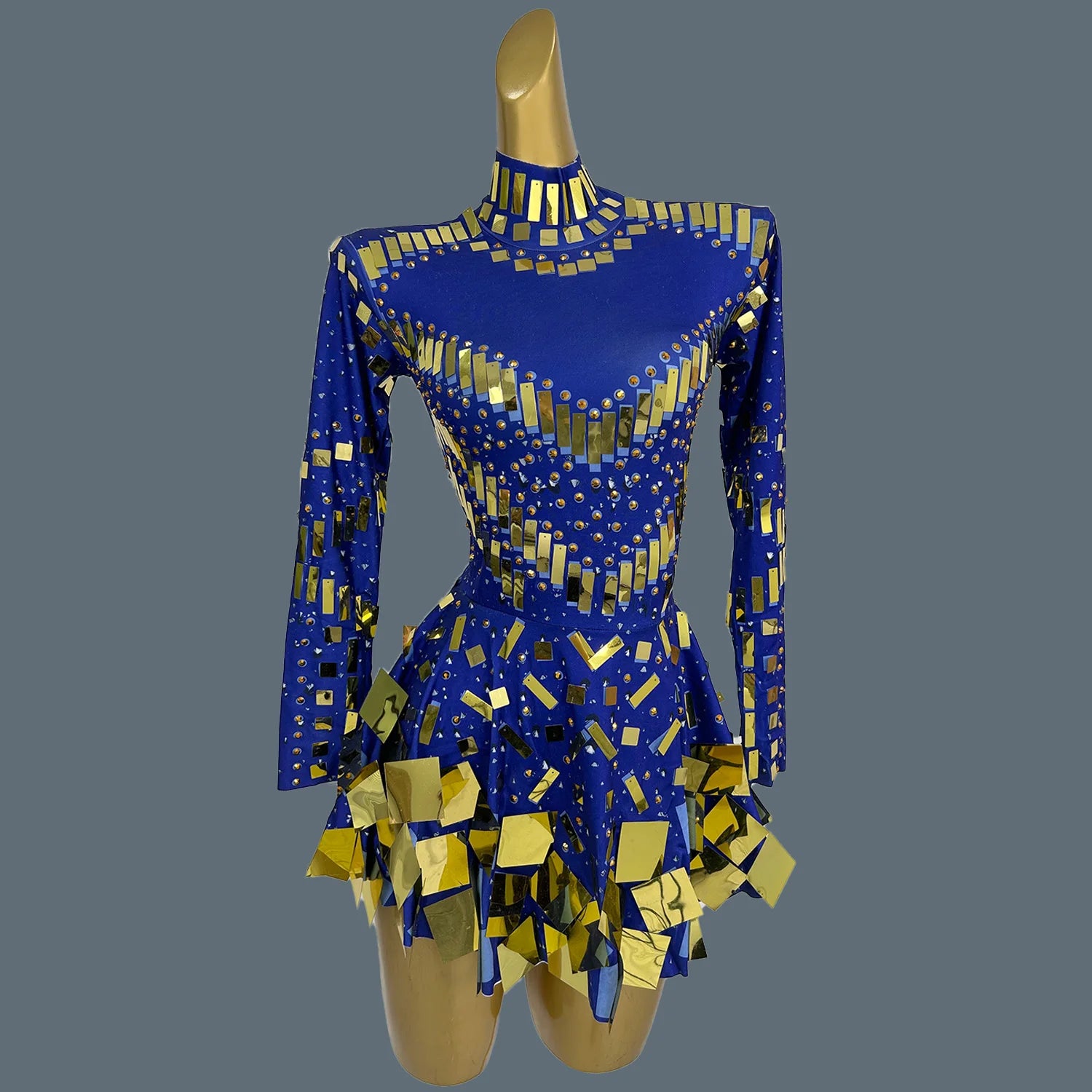 Dazzling Golden Rhinestone Mini Dress/Stage Sequined Maxi Dress/Concert Event Day/Crystal Mirror Silhouette A-LINE Dress.