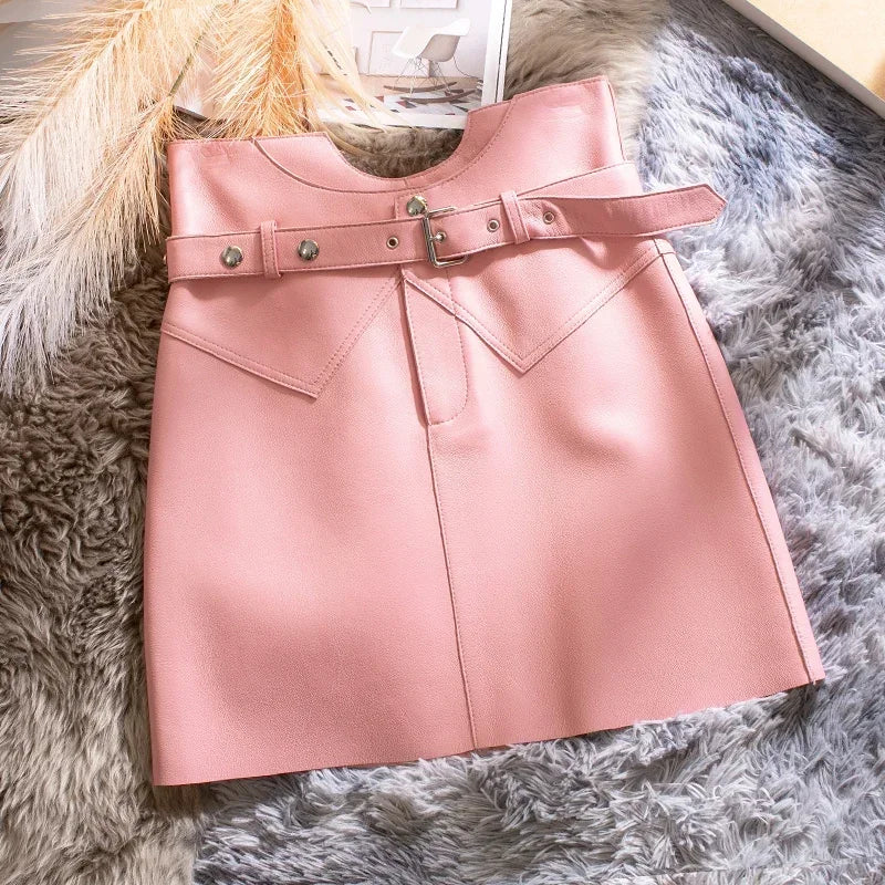 Women’s Genuine Sheepskin Leather Mini Skirt – High Waist Belted Office Chic Skirt