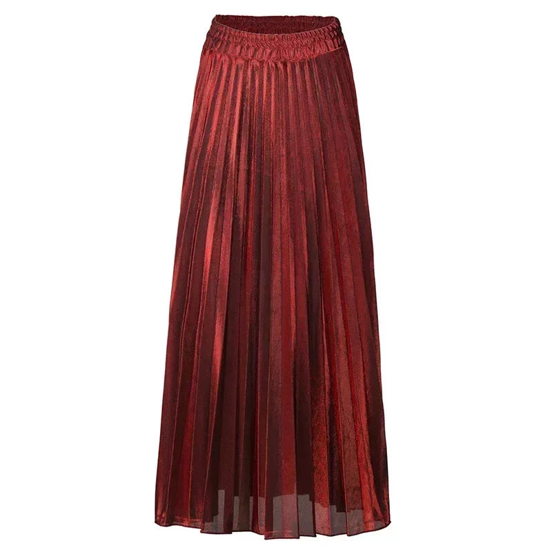 Bright Silk Metal Skirt/Color Pleated Maxi Skirt/Elastic High Rise Swing/Holiday Celebration Event.