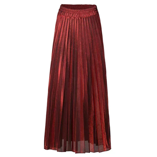 Bright Silk Metal Skirt/Color Pleated Maxi Skirt/Elastic High Rise Swing/Holiday Celebration Event.