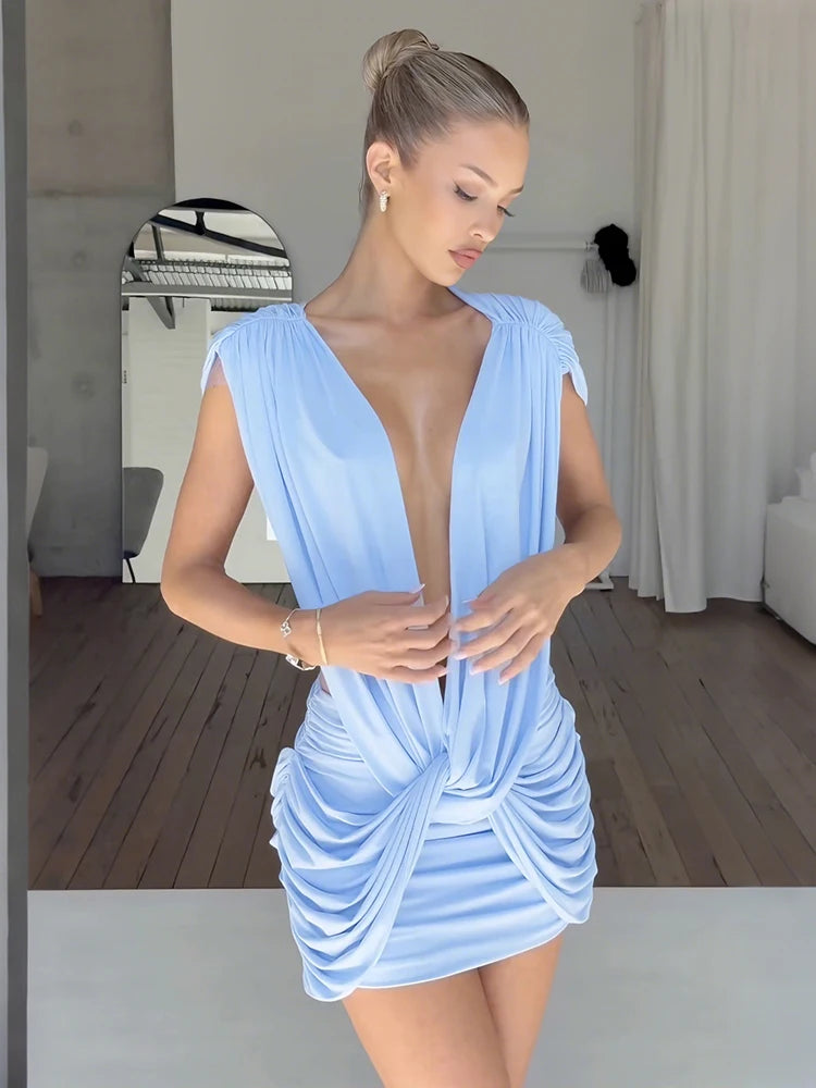 Timeless Deep V-Neck Ruched Bodycon Mini Dress – Elegant Sleeveless Stretch Party Dress for Women