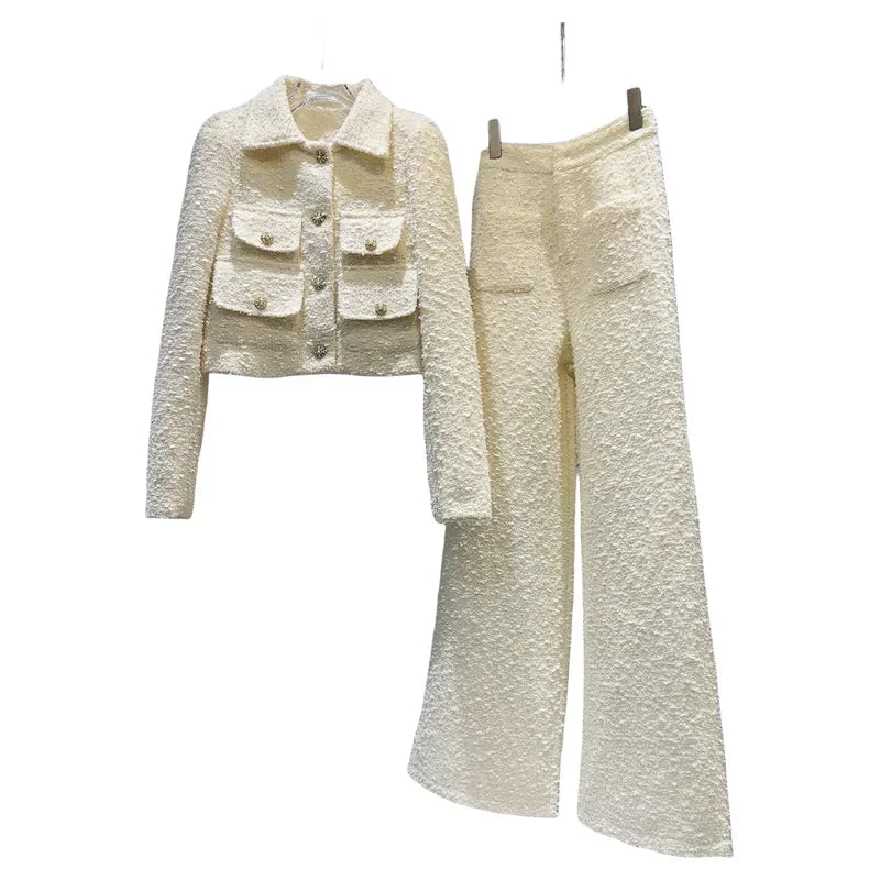 Solid Long Sleeved Buttoned Jacket/Straight Leg Trouser’s/Tweed Pocket Short Jacket + Pant’s/Vintage Designed Pullover.