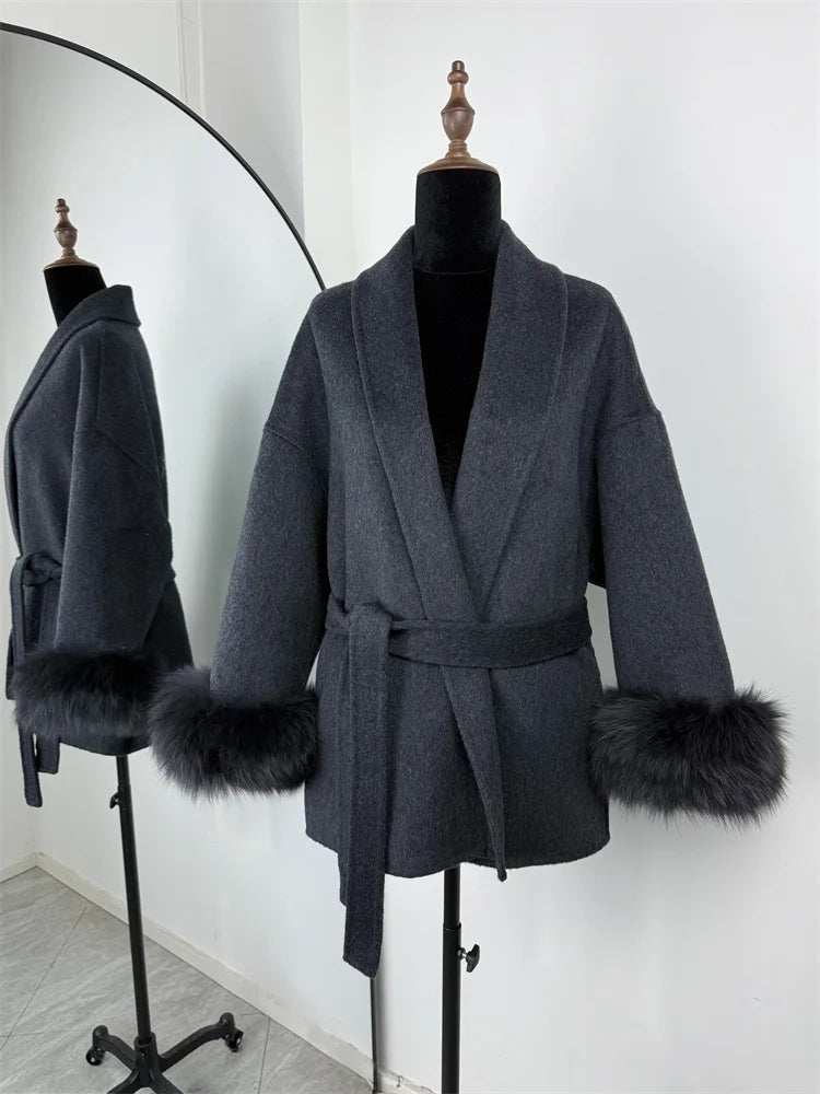 Tossy Fox Fur Overcoat/Short Fitted Cardigan Coat/Elegant Double-sided Woolen Coat.