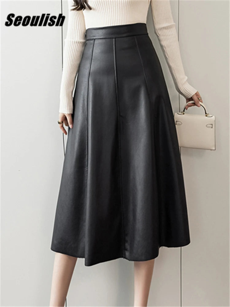 Seoulish Black Faux PU Leather Women's A-Line Skirt/New High Wasit Solid Chic/Umbrella Office Skirt’s Female.