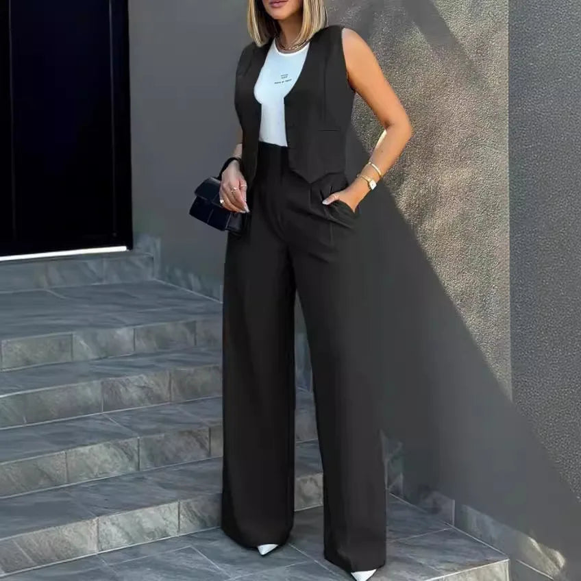 Trousers Suit Women's Vest Suit/Elegant Loose Regular Work Suit/High Waist Wide-leg Trousers 2-piece Street Suit.