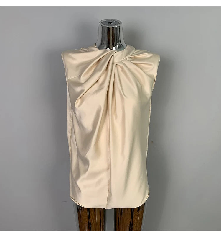 Women’s Satin Twist-Neck Sleeveless Blouse – Elegant Draped Office & Occasion Top