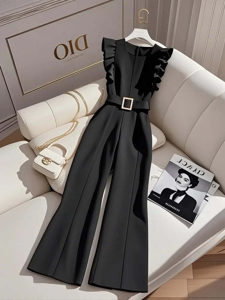 Ruffled Classy Black Jumpsuit/Unique Aura Exquisite Elegant, Slimming Look One-Piece Jumpsuit.