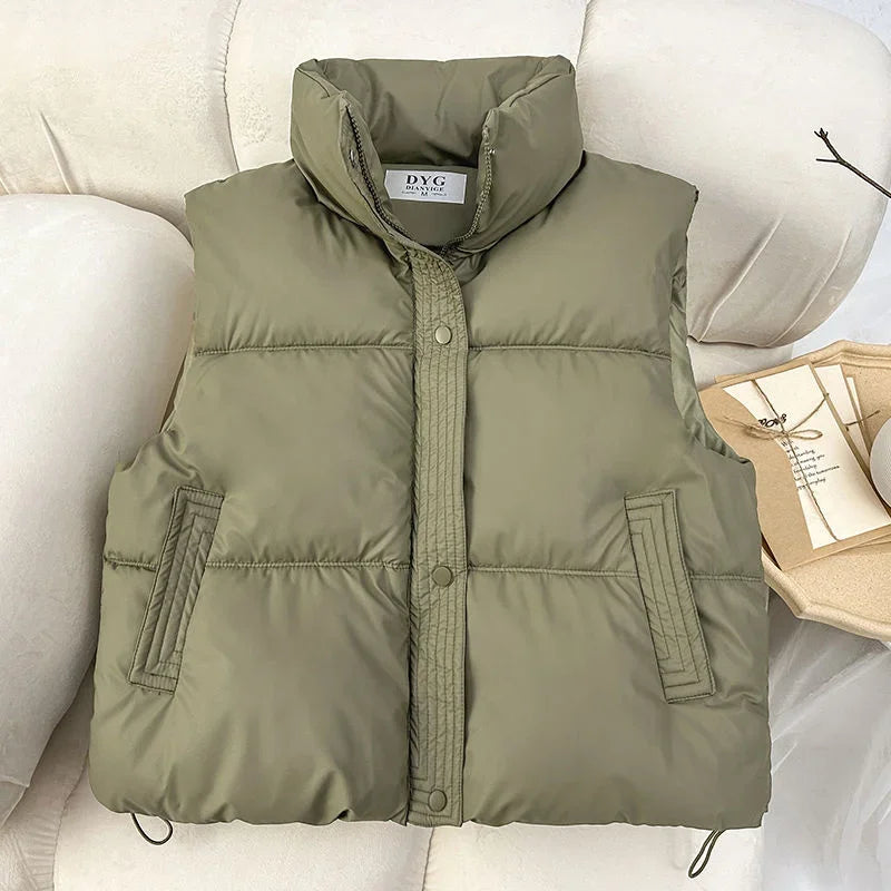 New Autumn Casual Loose Down Cotton Vests Women Stand Collar Short Sleeveless Coats Solid Zipper Waistcoat Winter Warm Vest