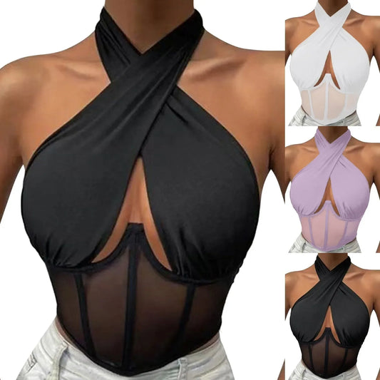 Elegant Halter Neck Mesh Corset Top for Women | Sheer Panel Wrap Neck Crop Top | Clubwear & Night Out Fashion