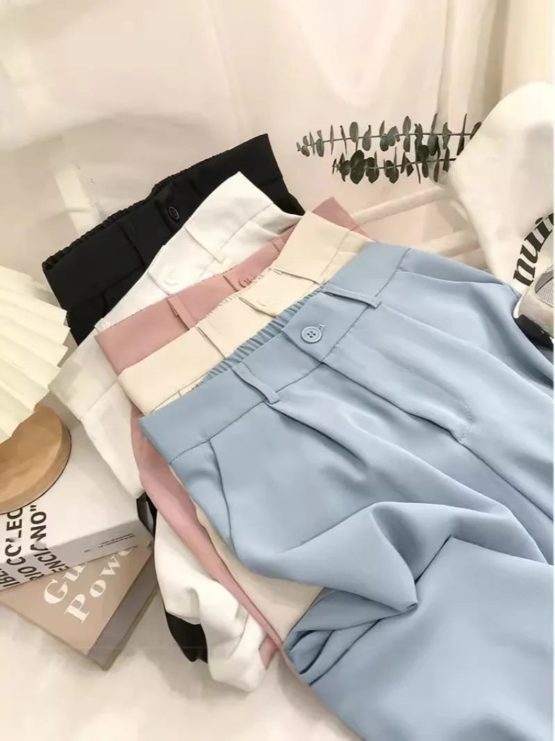 High-Waist Pleated Straight-Leg Trousers for Women | Elegant Tailored Casual Suit Pants | Soft Blush Pink Fashion Pants