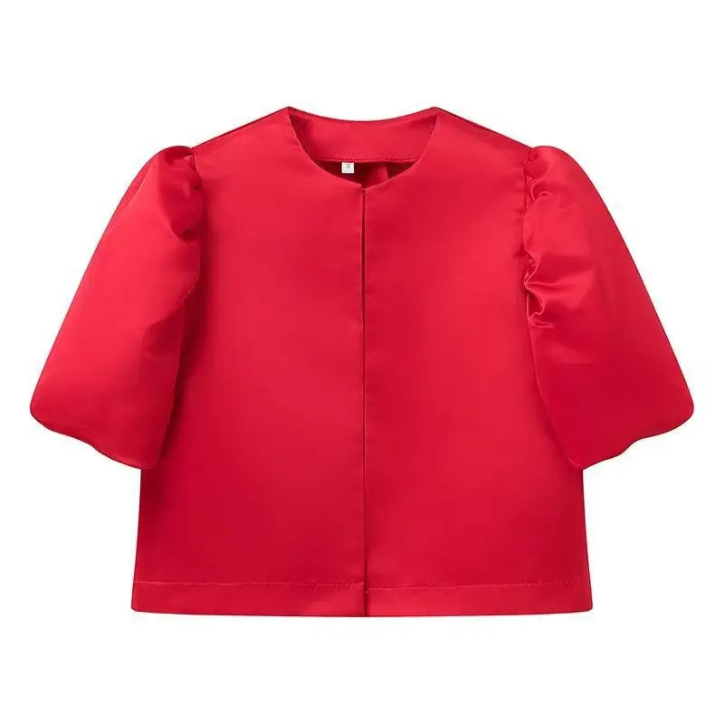 Solid Puffed Up Satin Blouse/Stylish Balloon Sleeved O~Neck Design/Single Breasted Loose Fitted Blouse.