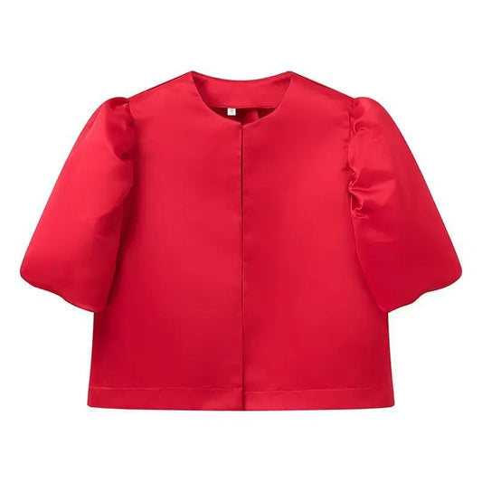 Solid Puffed Up Satin Blouse/Stylish Balloon Sleeved O~Neck Design/Single Breasted Loose Fitted Blouse.