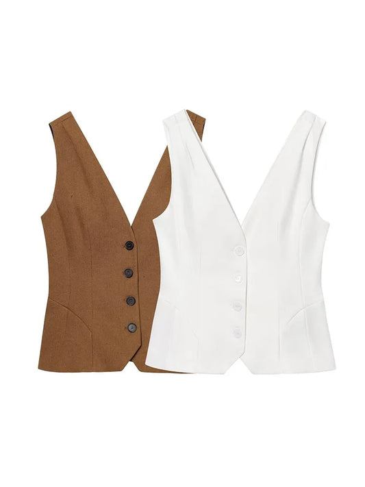 Vests Coats Fashion Casual Solid V-Neck Single/Breasted Linen Loose Female Elegant Street Waistcoat Clothing.