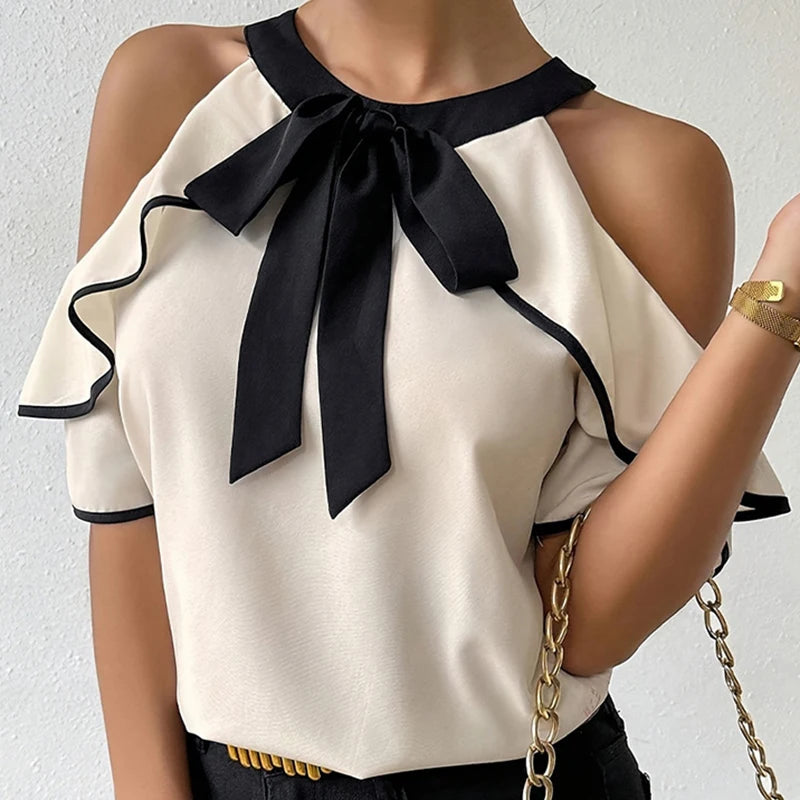 Elegant Bow Strapped Blouse/New Designed Off Shoulder Blouse/Double Ruffled Short Sleeve Shirt/All-Match Solid Top.