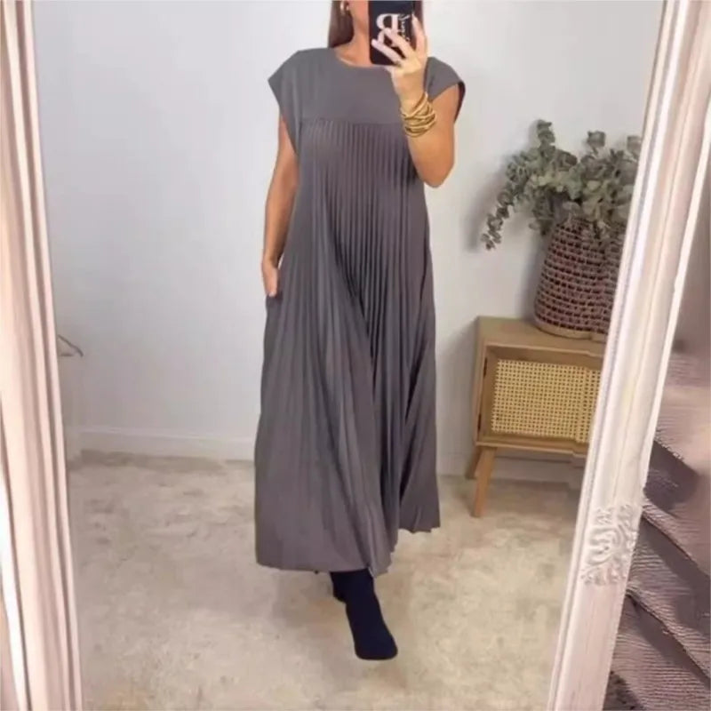 Solid Vintage Loose Pullover/High Waist Dress/Large Hem Long Dress/Fashionable Round Neck Sleeveless Pleated  Mid Calf Women's Dress Femme.