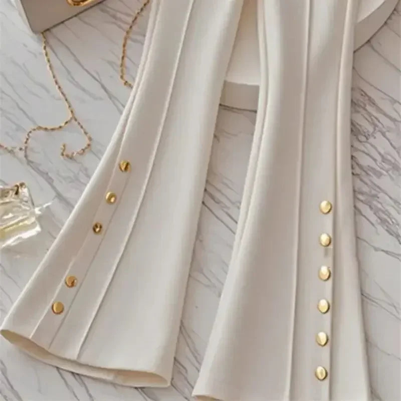 New Luxury Slim Pant’s/High End Fashion Design Button’s/Elegant White Flared Trouser’s/High Waist Lady Bottom Wear.