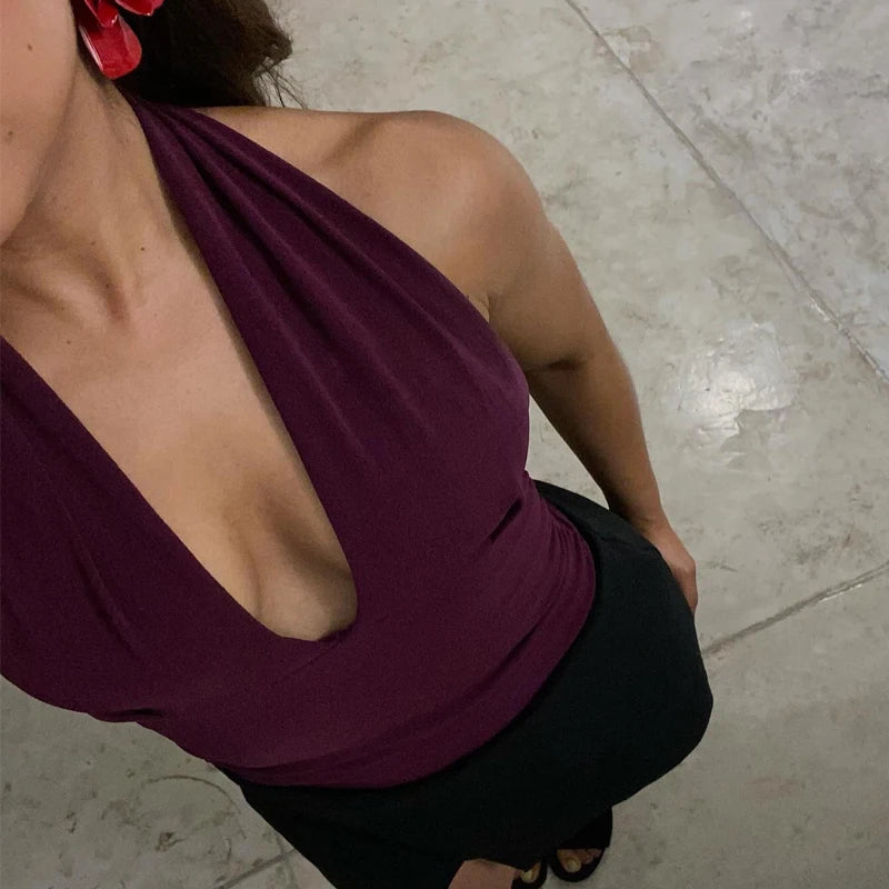 HXAO Halter Top Off Shoulder Deep V-Neck/Cropped Backless Tank Top.