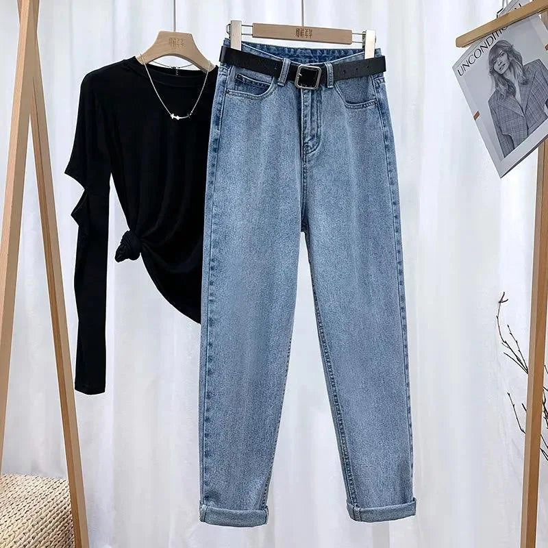 Symmetry Multi Style Pants/Stylish High Waisted Denim/Straight Leg Jeans Female Trousers/Pockets Roll Up Cuffs Casual Trendy Look.