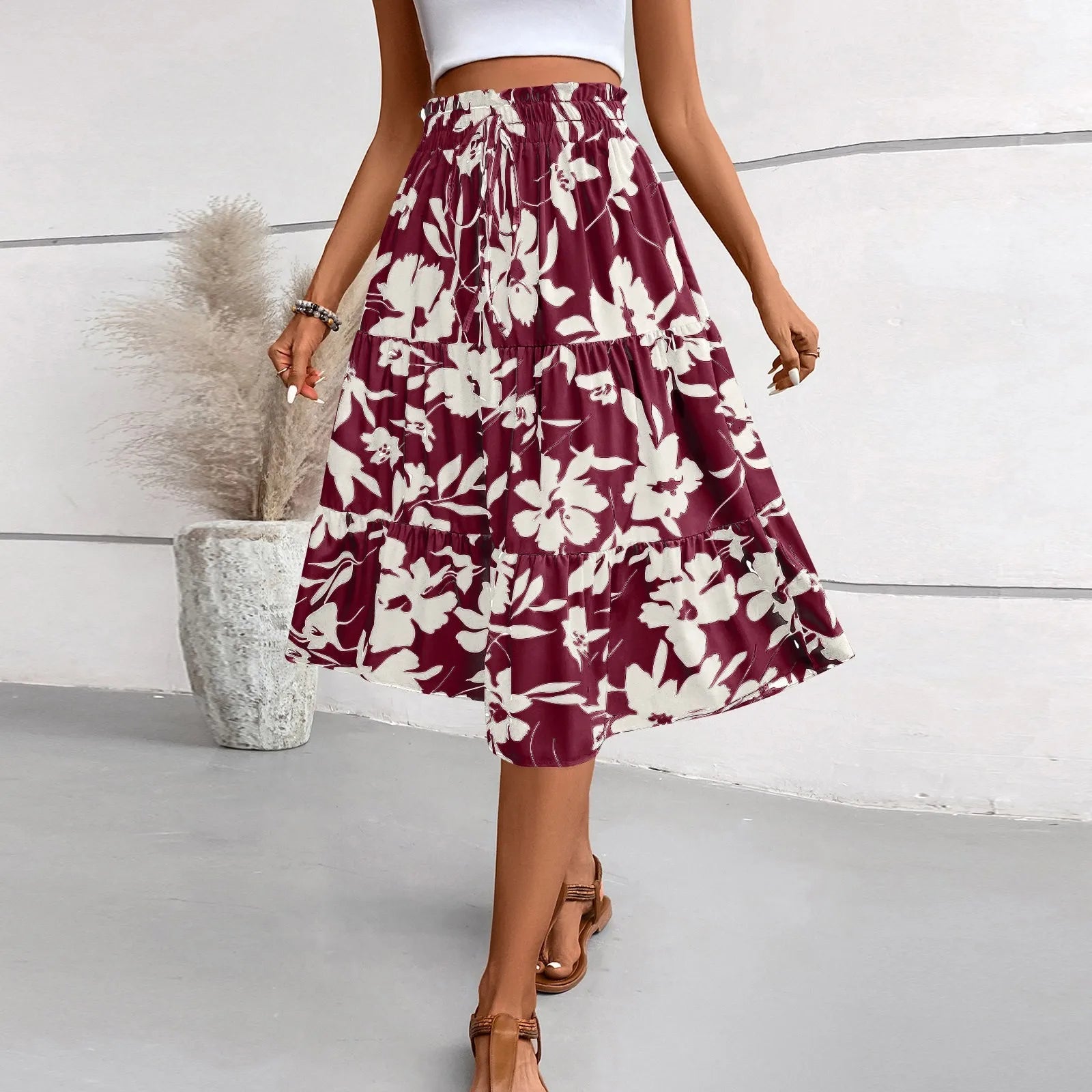 Retro Puff Floral Printed Skirt/With Pocket’s/Casual Elastic High Waist Lace-up Loose Skirts.