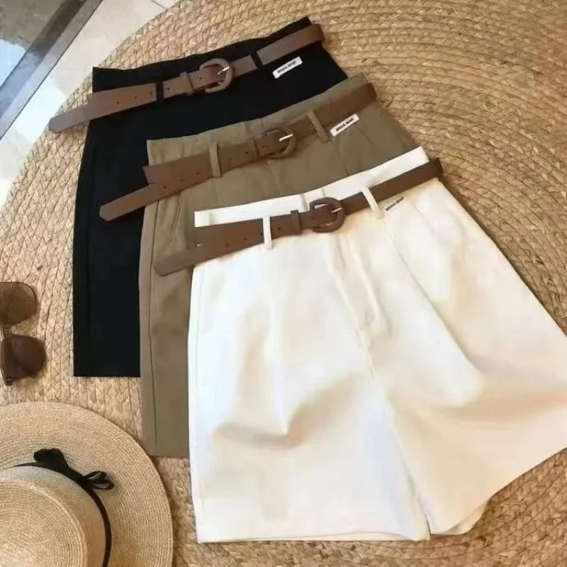 New Chic Fashion Lady's Short’s/Belted Elegant Short’s/Women's Straight Leg Matching Basic Female Wide Leg Short’s.