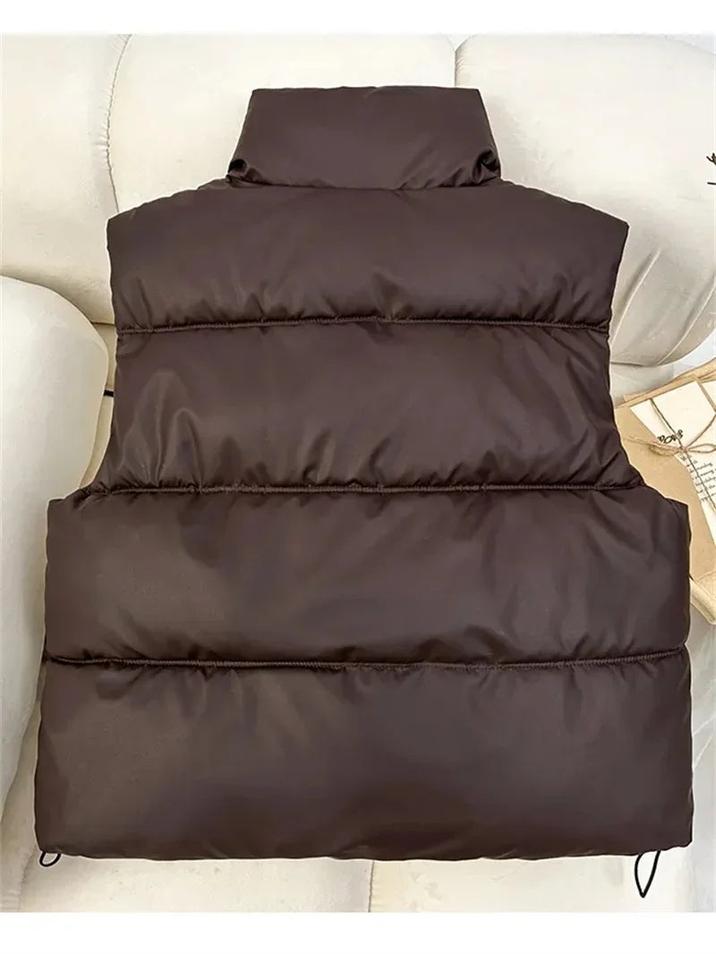 New Autumn Casual Loose Down Cotton Vests Women Stand Collar Short Sleeveless Coats Solid Zipper Waistcoat Winter Warm Vest