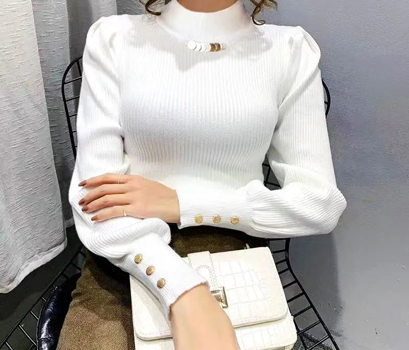 Elegant Solid Colored Button Sleeve Sweater’s/Women's Clothing/Autumn Winter Loose All-match Pullover’s.