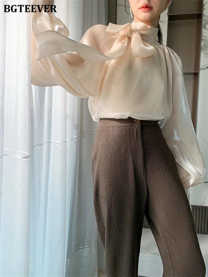 Elegant Ivory Bow Neck Blouse for Women – Long Sleeve Satin-Effect Loose Fit Top