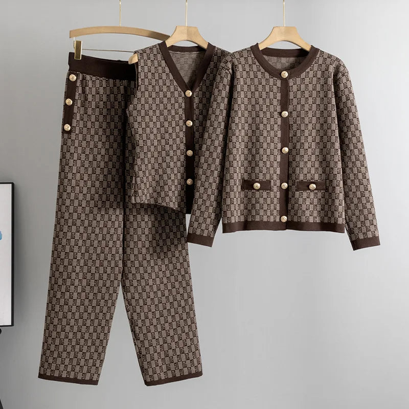 Women’s Elegant Knit Cardigan, Sleeveless Vest & Wide-Leg Trousers Set | Classic Geometric Pattern | Sophisticated Office & Casual Wear