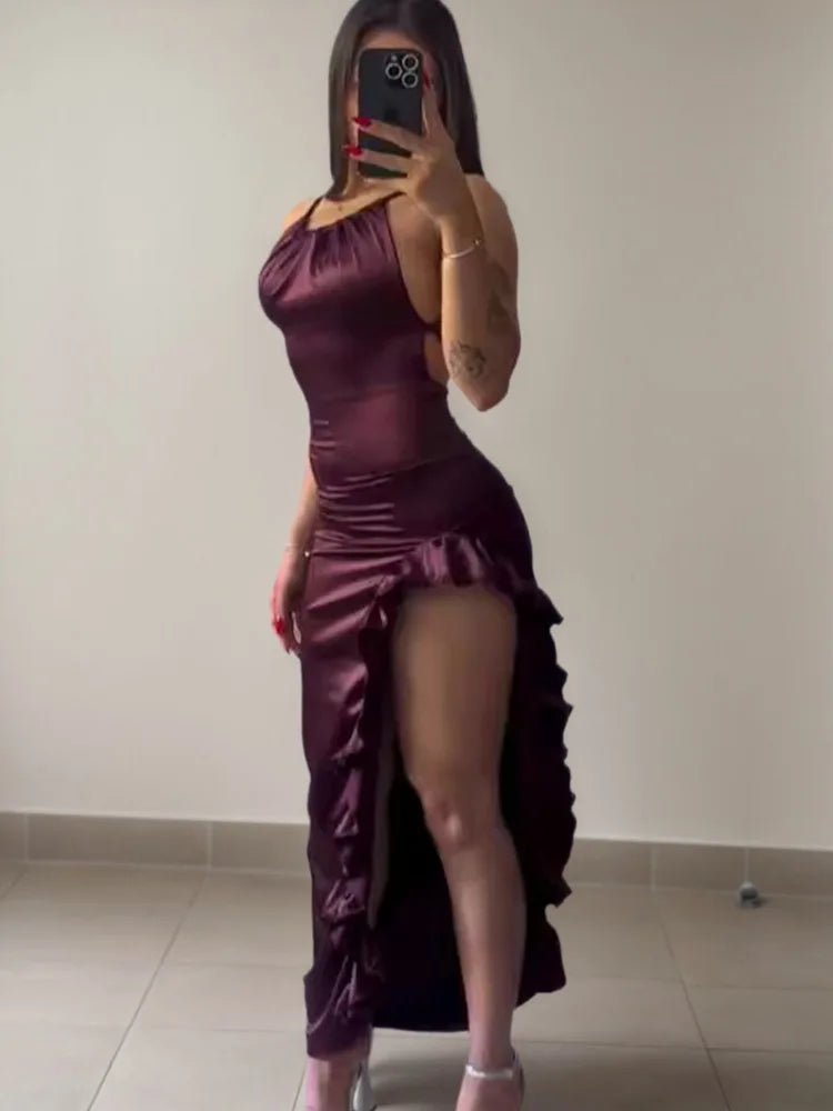 Burgundy Satin Ruched Maxi Dress – Open Back High Slit Spaghetti Strap Evening Gown for Women