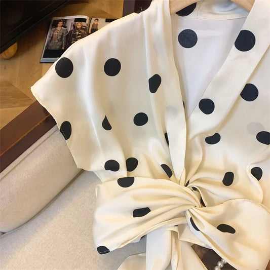 Elegant Polka Dot Tie Front Blouse – Women’s Retro V-Neck Waist Tie Top | French Chic Lightweight Luxury Blouse | Modern Blend Boutique