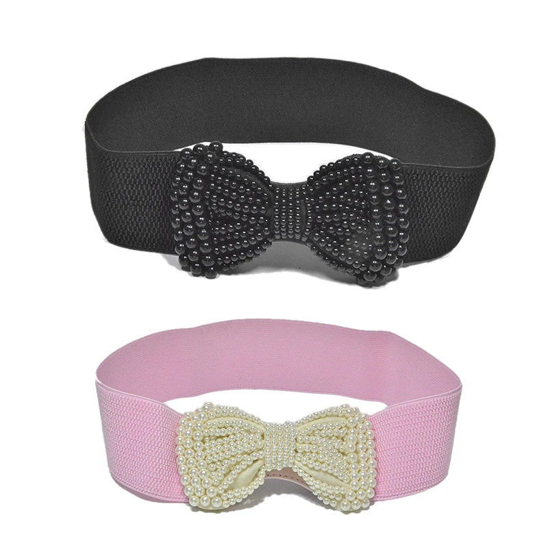 Refined Bowknot Elastic Belt/Elegant Women Wide Side Waistband/Female Dress Coat Clothing Exquisite Decoration Belt.