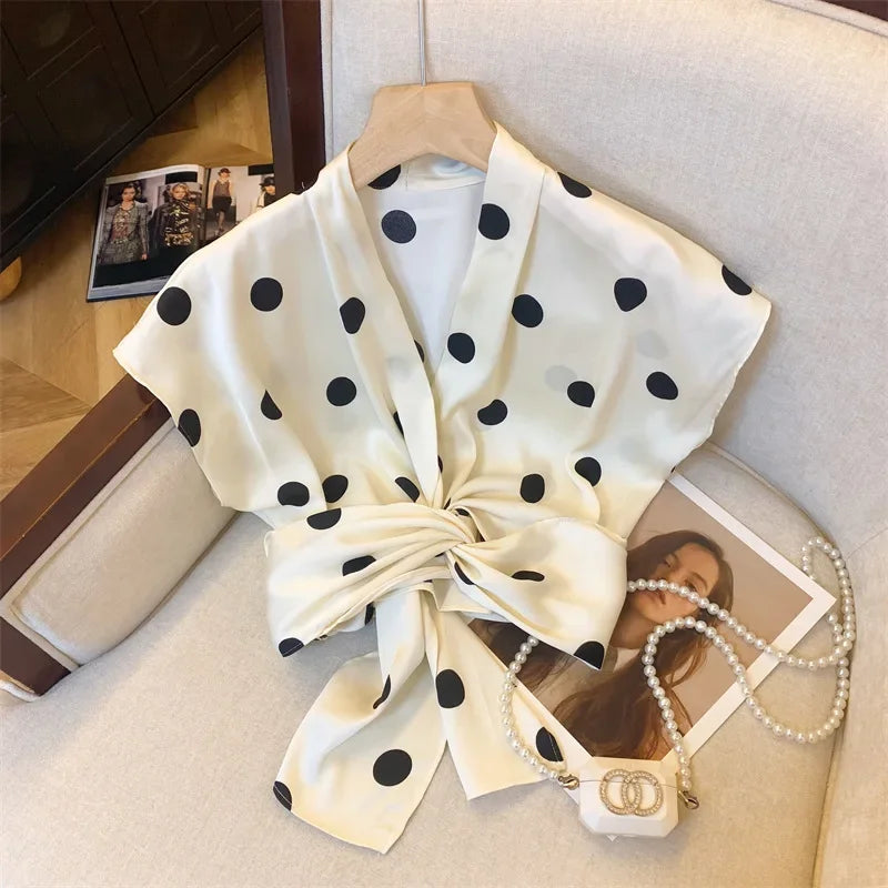 Elegant Polka Dot Tie Front Blouse – Women’s Retro V-Neck Waist Tie Top | French Chic Lightweight Luxury Blouse | Modern Blend Boutique