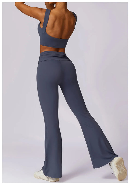 High-Waisted Flared Active Pants with Sculpting Fit – Neutral Beige
