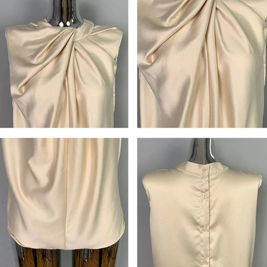 Women’s Satin Twist-Neck Sleeveless Blouse – Elegant Draped Office & Occasion Top