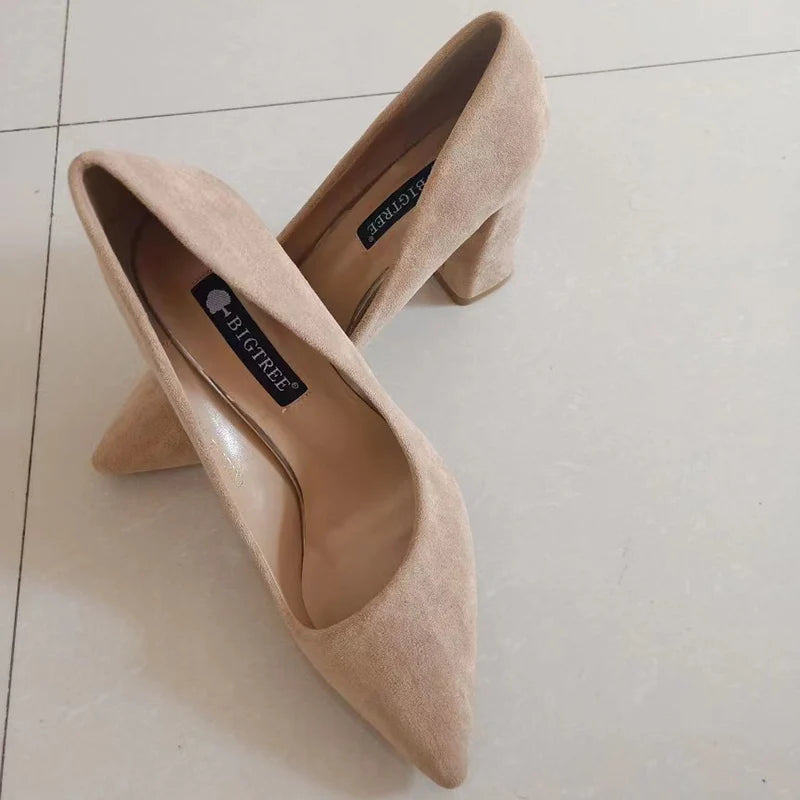 Women’s Suede-Look Pointed Toe Pumps | 8.5cm Block Heel Dress Shoes | Elegant Cognac Brown Heels