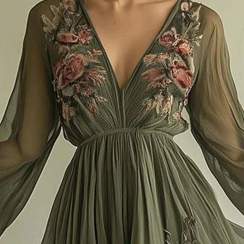 Seamless Modern Designed Dress/High Sleeve Waist Evening wear. V~Neck Floral Printed.