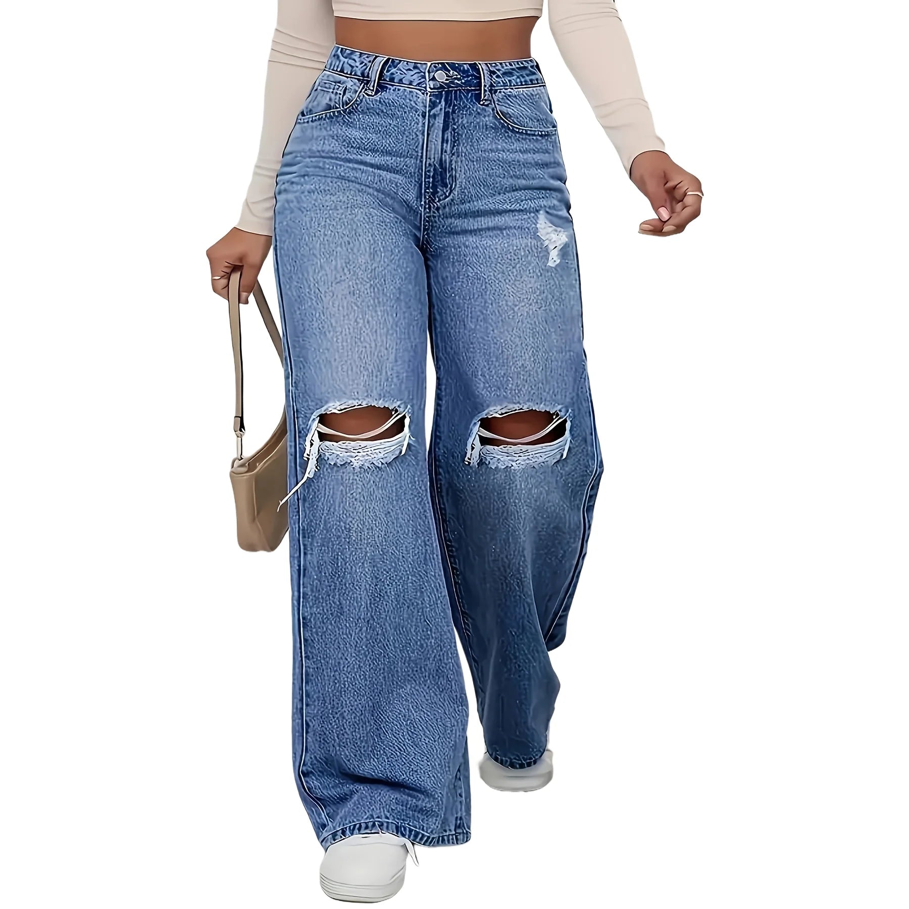 Loose Fitted High-Waist Denim/Straight Leg Jeans/Style Up Ripped Details/Casual wear/Fashionable Ankle Length Pants/Outdoor wear.