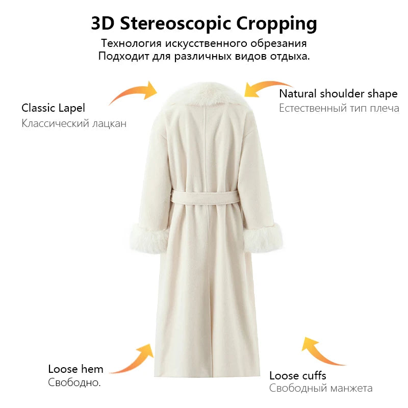 Stylish Cream-colored Long Wool Coat With Faux Fur/Collar and cuffs, Featuring A Self Tie Belt.