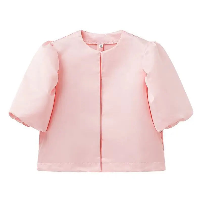 Solid Puffed Up Satin Blouse/Stylish Balloon Sleeved O~Neck Design/Single Breasted Loose Fitted Blouse.