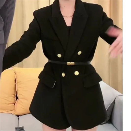Women’s Gray Herringbone Belted Blazer Coat – Double-Breasted Tailored Boutique Outerwear