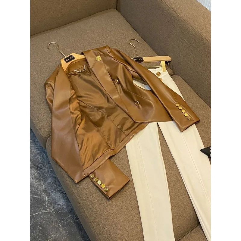 Luxury Faux Leather Tailored Blazer with Gold Buttons | Women’s Structured Vegan Leather Jacket
