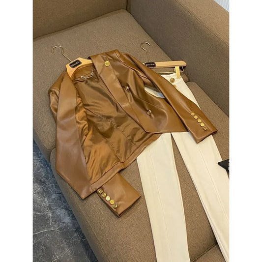 Luxury Faux Leather Tailored Blazer with Gold Buttons | Women’s Structured Vegan Leather Jacket